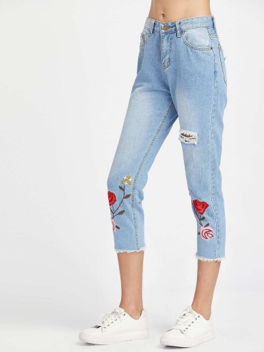 Embroidered Ripped Frayed Hem Cropped Jeans