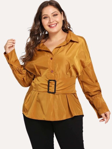 Plus Button Front Belted Collar Solid Coat