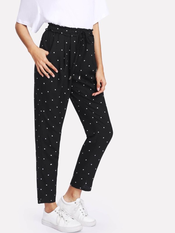 Frill Detail Drawstring Waist Polka Dot Pants