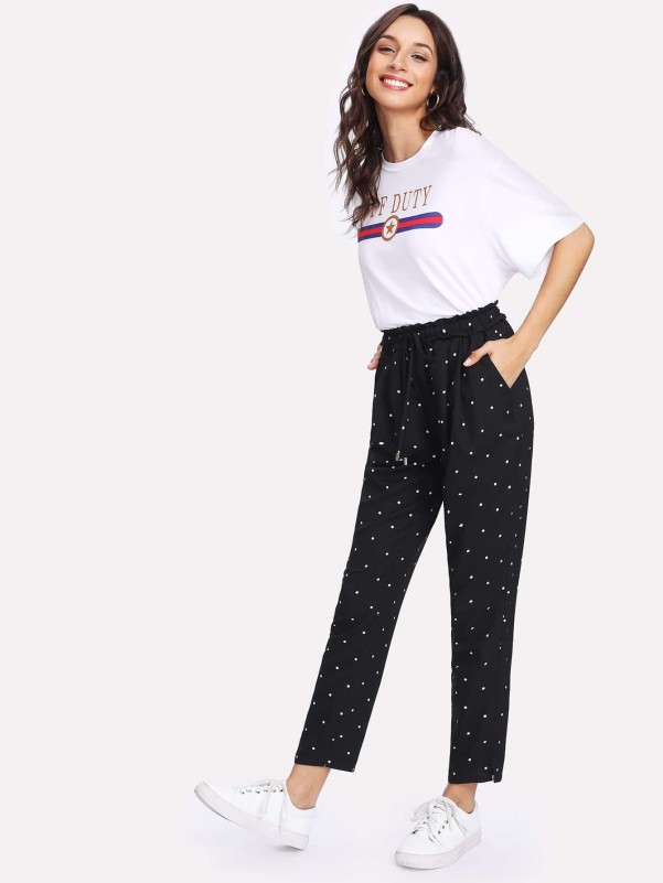 Frill Detail Drawstring Waist Polka Dot Pants