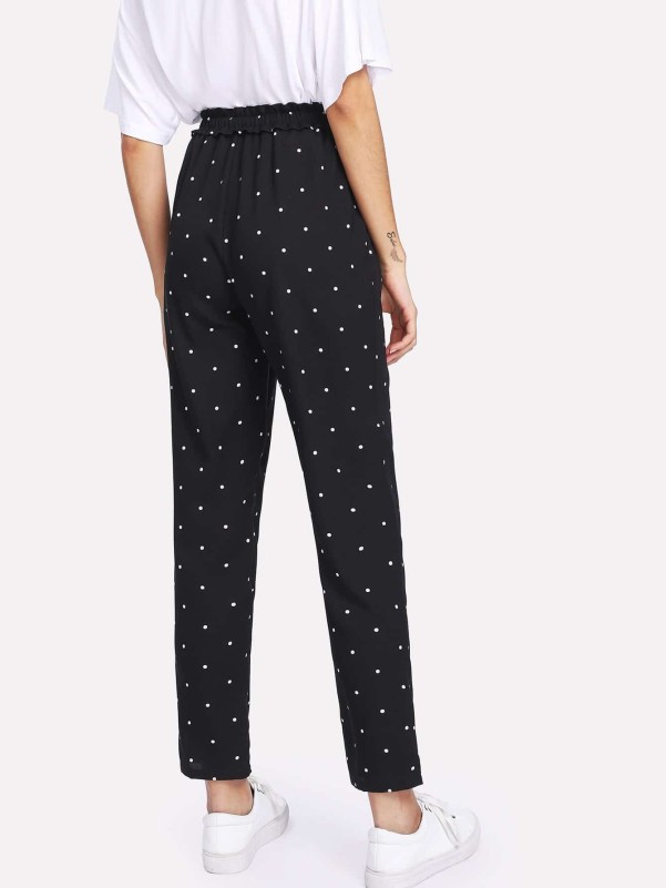 Frill Detail Drawstring Waist Polka Dot Pants