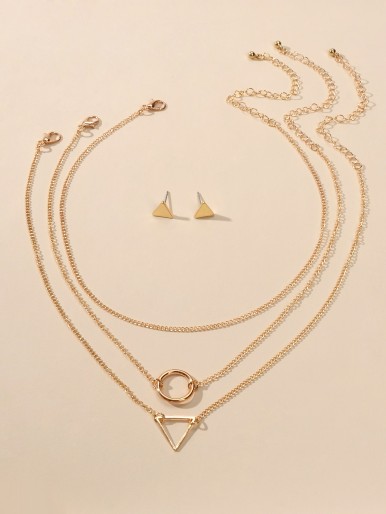 3pcs Geometric Charm Necklace & 1pair Stud Earrings