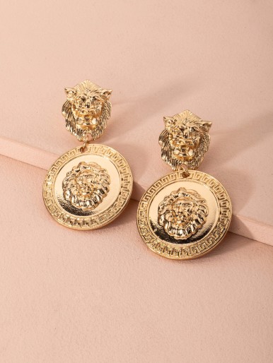 Embossed Lion Charm Drop Earrings