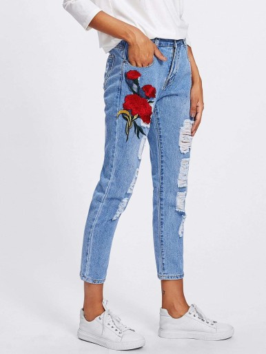 Flower Appliques Ripped Jeans