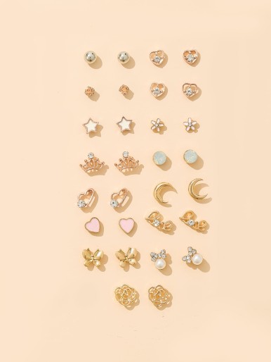 Heart & Rhinestone Stud Earrings Set - 15 Pairs