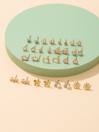 Heart & Rhinestone Stud Earrings Set - 15 Pairs