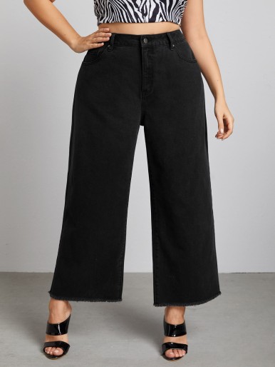 Plus Solid Raw Hem Wide Leg Jeans