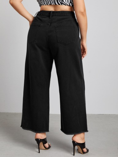 Plus Solid Raw Hem Wide Leg Jeans