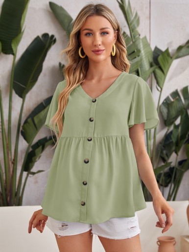 الأمومة الفراشة كم زر الجبهة Peplum الأعلى