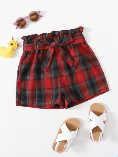 Girls Paperbag Waist Belted Plaid Shorts