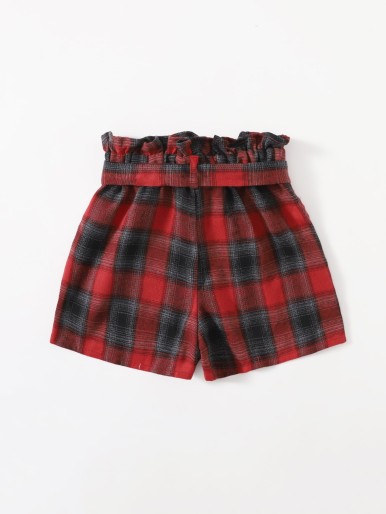 Girls Paperbag Waist Belted Plaid Shorts