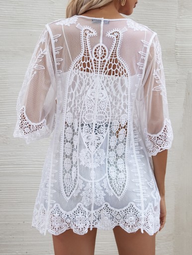 Sheer Embroidery Mesh Kimono