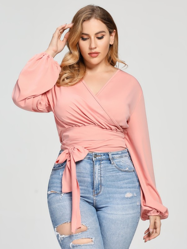 Plus Surplice Neck Peasant Sleeve Self-Tie Crop Top