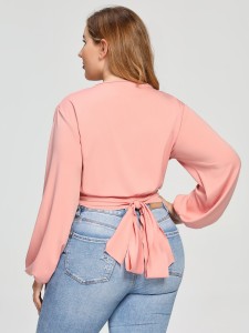 Plus Surplice Neck Peasant Sleeve Self-Tie Crop Top