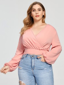 Plus Surplice Neck Peasant Sleeve Self-Tie Crop Top