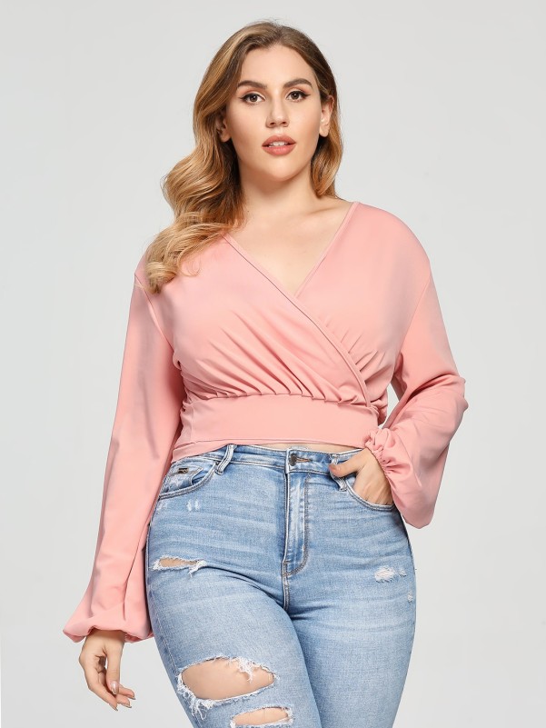 Plus Surplice Neck Peasant Sleeve Self-Tie Crop Top