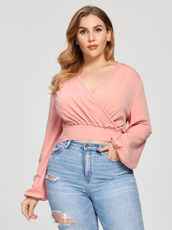 Plus Surplice Neck Peasant Sleeve Self-Tie Crop Top