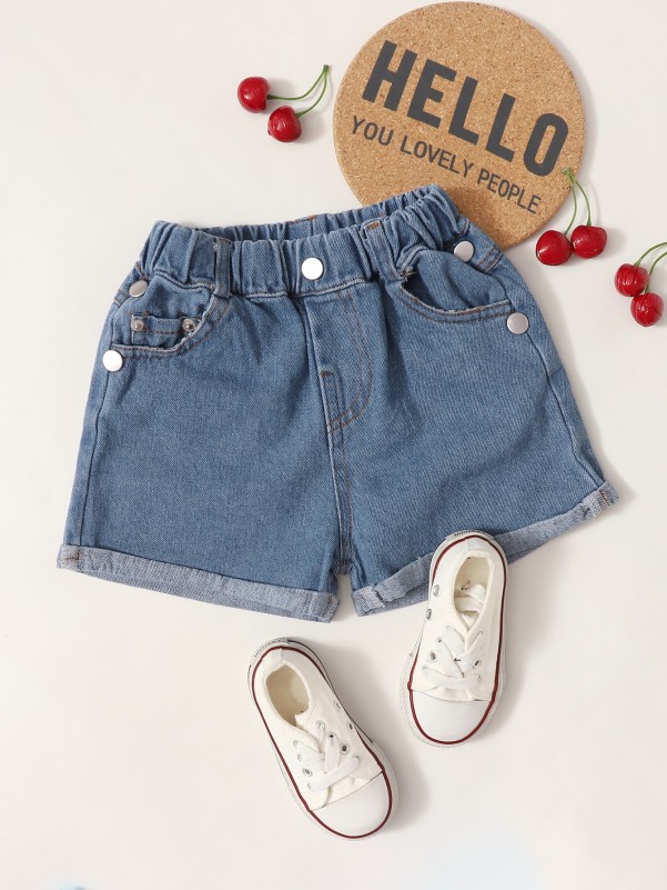 Toddler Girls Slant Pockets Rolled Hem Denim Shorts