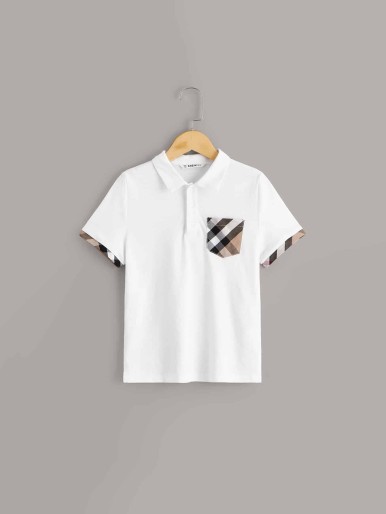 Boys Plaid Print Pocket Patched Polo Shirt