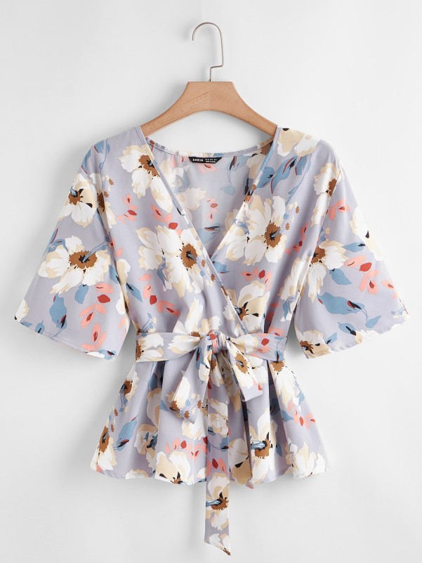 Plus Allover Floral Wrap Belted Blouse