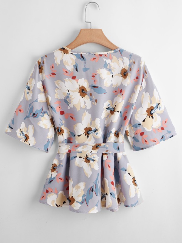 Plus Allover Floral Wrap Belted Blouse