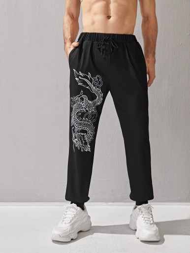 Men Chinese Dragon Graphic Drawstring Waist Sweatpants