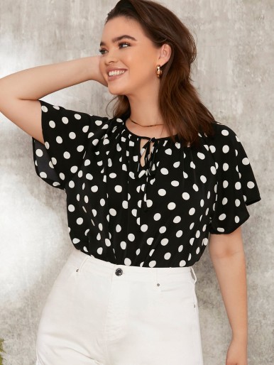 Plus Tie Neck Raglan Sleeve Polka Dot Top