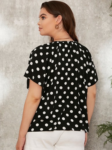 Plus Tie Neck Raglan Sleeve Polka Dot Top