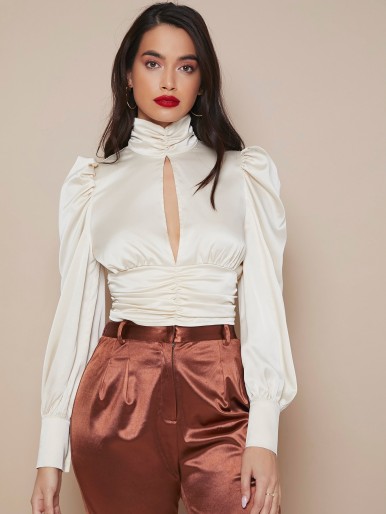 Cut Out Front Lantern Sleeve Satin Top