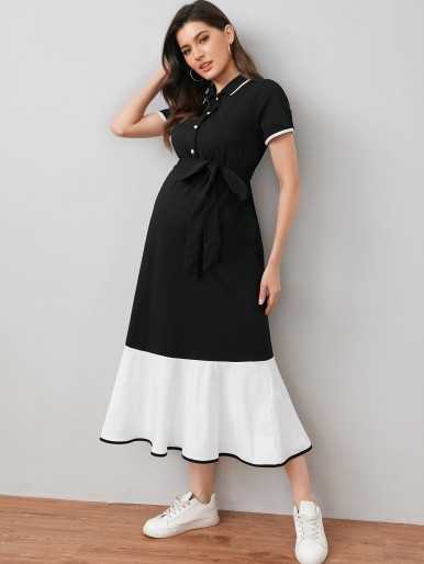 Maternity Colorblock Half Placket Contrast Binding Belted Dress