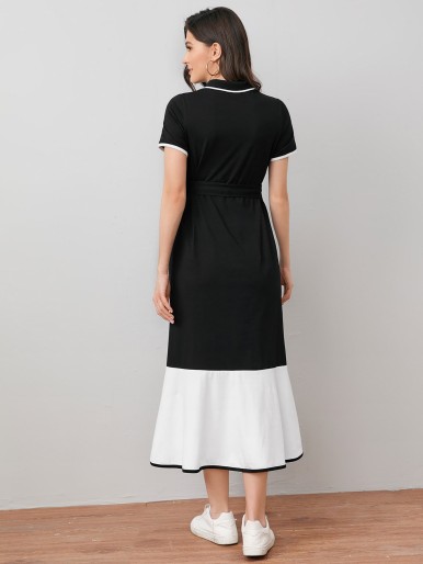 Maternity Colorblock Half Placket Contrast Binding Belted Dress