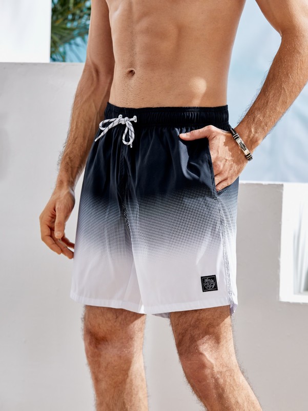 Men Ombre Patched Drawstring Waist Swim Trunks