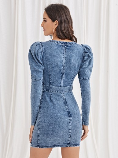 Gigot Sleeve Belted Bodycon Denim Dress