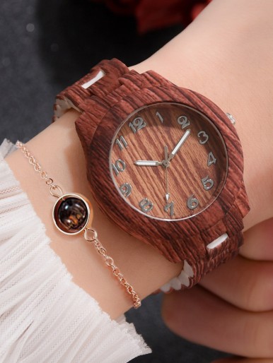 1pc Wood Grain Quartz Watch & 1pc Bracelet