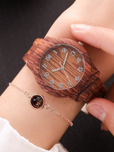 1pc Wood Grain Quartz Watch & 1pc Bracelet