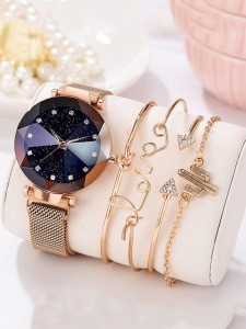 1pc Rhinestone Decor Quartz Watch & 4pcs Bracelet