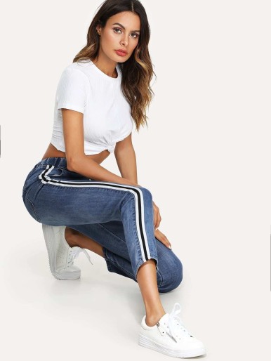 Striped Side Knot Front Jeans