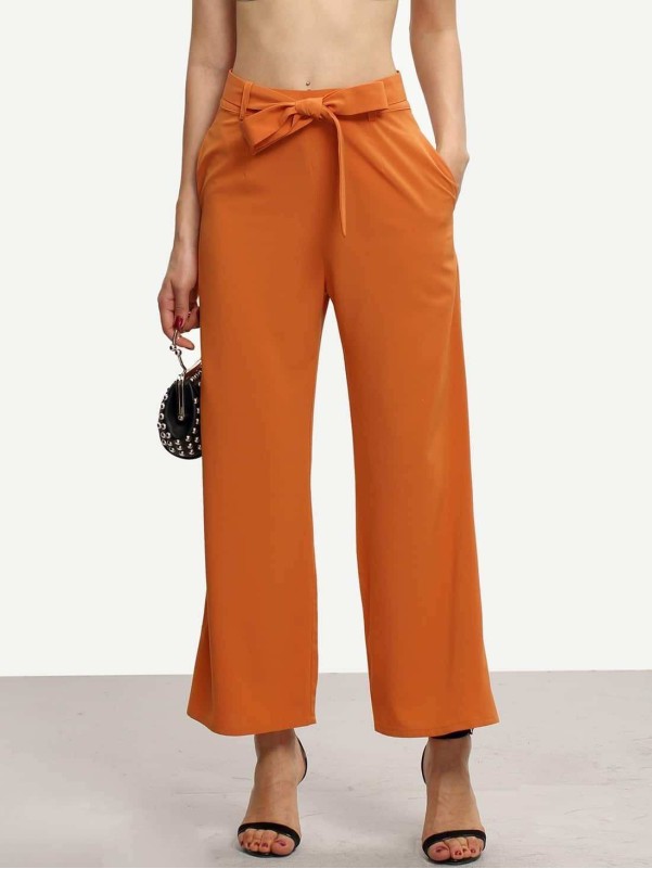 Orange Tie Waist Pockets Wide Leg Pants