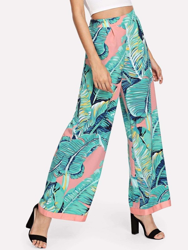 Tropical Botanical Print Paperbag Waist Wide Leg Pants –