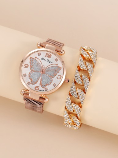 1pc Butterfly Dial Mesh Strap Watch & 1pc Bracelet