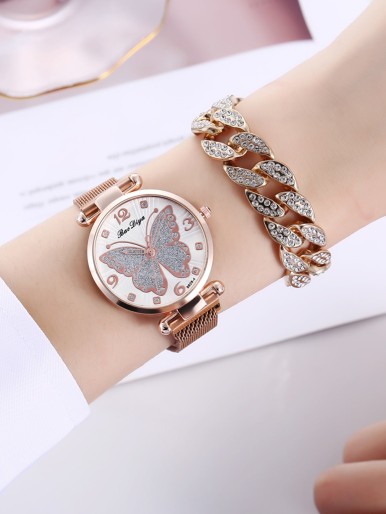 1pc Butterfly Dial Mesh Strap Watch & 1pc Bracelet