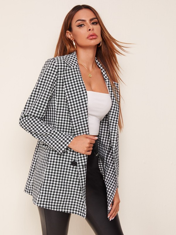 Notched Collar Buttoned Front Gingham Blazer Without Belt