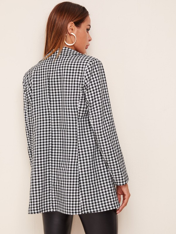 Notched Collar Buttoned Front Gingham Blazer Without Belt