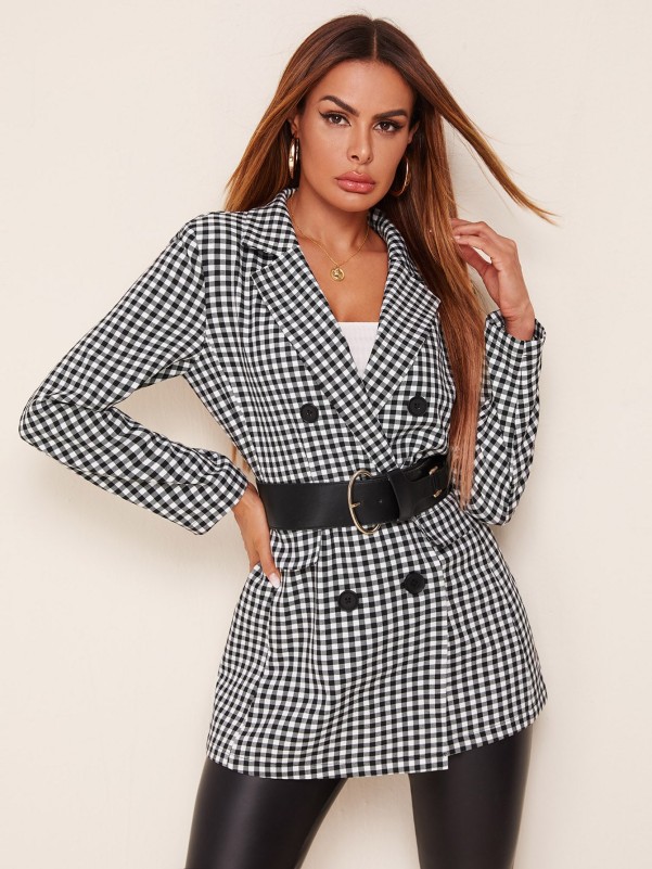 Notched Collar Buttoned Front Gingham Blazer Without Belt