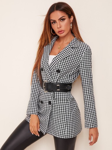 Notched Collar Buttoned Front Gingham Blazer Without Belt