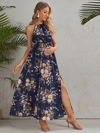 Maternity Floral Print Split Thigh Dress