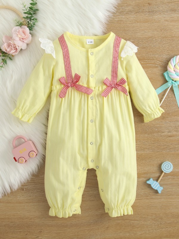 Baby Gingham Bow Front Frilled Ruffle Trim Flounce Sleeve Jumpsuit