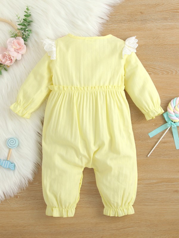 Baby Gingham Bow Front Frilled Ruffle Trim Flounce Sleeve Jumpsuit