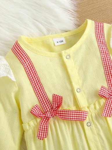 Baby Gingham Bow Front Frilled Ruffle Trim Flounce Sleeve Jumpsuit