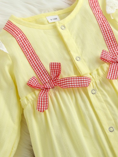 Baby Gingham Bow Front Frilled Ruffle Trim Flounce Sleeve Jumpsuit